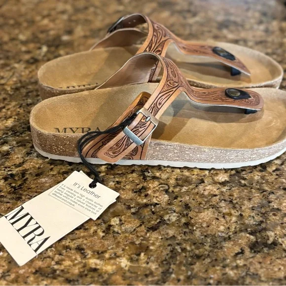 135. Myra Bag Tan Embossed Leather Sandals, Size 11, NWT - Picture 4 of 9